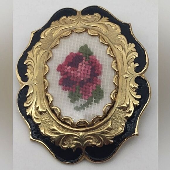 Vintage Floral Brooch with Gold and Black Accents Embroidery Flower - Picture 1 of 9